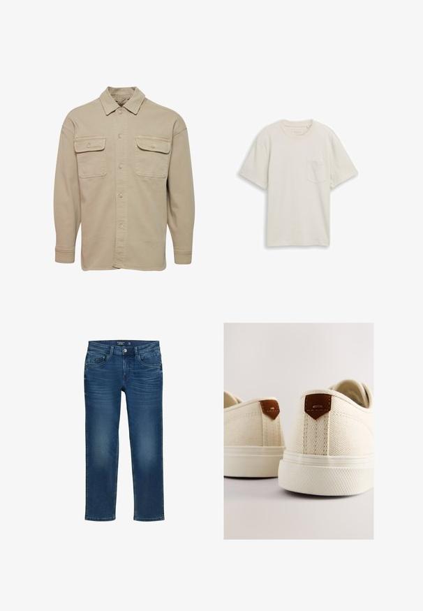 Beige overheadshirt van een katoenmix, met een puntige kraag, twee borstzakken en lange mouwen met knoopmanchetten.; Effen gebroken wit T-shirt met korte mouwen, een ronde hals en een klein zakje op de linkerbovenborst, gepresenteerd tegen een witte achtergrond.; Rechthoekige herenjeans in donkerblauwe denim, met een klassieke vijf-pocket design, subtiele wassing en een knoopsluiting.; Canvas sneakers in crèmekleur met een gestructureerde afwerking, voorzien van bruine lederen accenten bij de hiel en een rubberen buitenzool.