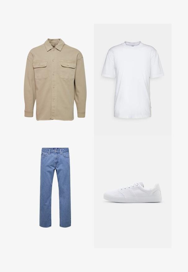 Chemise beige à manches longues en mélange de coton, avec un col pointu, deux poches poitrine et des poignets à boutons.; T-shirt en coton blanc avec un col rond, des manches courtes et un ourlet droit. Présente une petite étiquette de marque sur la couture latérale gauche.; Jean droit en denim bleu avec bouton et fermeture éclair à l'avant, passants pour ceinture, et poches avant et arrière.; Baskets en toile blanches avec une semelle en caoutchouc, dotées de six œillets, d'un embout texturé et d'un design minimaliste.