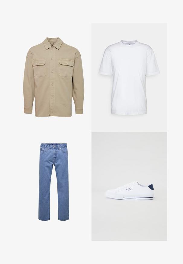 Beige Hemdblusenshirt aus Baumwollmischung mit spitzem Kragen, zwei Brusttaschen und langen Ärmeln mit geknöpften Manschetten.; Weißes Baumwoll-T-Shirt mit Rundhalsausschnitt, kurzen Ärmeln und geradem Saum. Auf der linken Seitennaht befindet sich ein kleines Markenzeichen.; Jeans aus blauem Denim mit geradem Bein, vorn mit Knöpfen und Reißverschluss, Gürtelschlaufen sowie Taschen vorne und hinten.; Weiße Canvas-Sneaker mit navyblauem Fersenakzent, flacher Gummisohle, runder Zehenpartie und weißen Schnürsenkeln. Mit Logo an der Seite.
