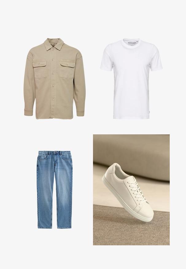 Beige Hemdblusenshirt aus Baumwollmischung mit spitzem Kragen, zwei Brusttaschen und langen Ärmeln mit geknöpften Manschetten.; Weißes T-Shirt mit kurzen Ärmeln aus Baumwolle, mit Rundhalsausschnitt und einem schlichten Design. Markentag im Nackenbereich sichtbar. Keine Muster oder Verzierungen.; Hellblaue Jeans aus Denim mit geradem Bein, Fünf-Taschen-Design, sichtbaren Nähten und Reißverschluss. Keine Abnutzungen oder Muster vorhanden.; Weißes Leder Sneaker mit weißen Schnürsenkeln, auf einer beigefarbenen strukturierten Oberfläche präsentiert, und einem sanft verschwommenen Hintergrund.