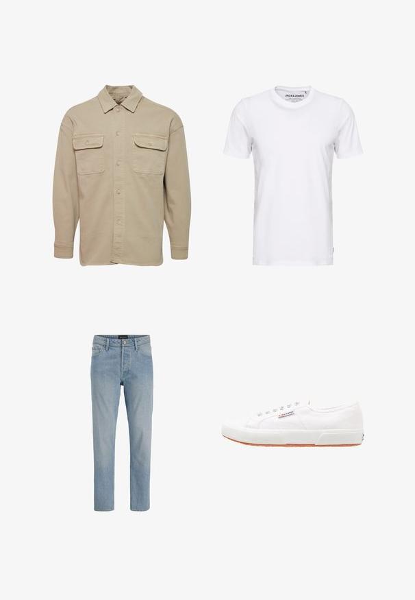 Beige Hemdblusenshirt aus Baumwollmischung mit spitzem Kragen, zwei Brusttaschen und langen Ärmeln mit geknöpften Manschetten.; Weißes T-Shirt mit kurzen Ärmeln aus Baumwolle, mit Rundhalsausschnitt und einem schlichten Design. Markentag im Nackenbereich sichtbar. Keine Muster oder Verzierungen.; Hellblaue Denim-Jeans mit geradem Schnitt, fünf Taschen, Knopfverschluss und einem leicht ausgewaschenen Finish.; Weiße Leinensneaker mit Gummisohle, Schnürdesign und einem kleinen Logolabel an der Seite. Strukturierte weiße Oberseite und braune Außensohle.
