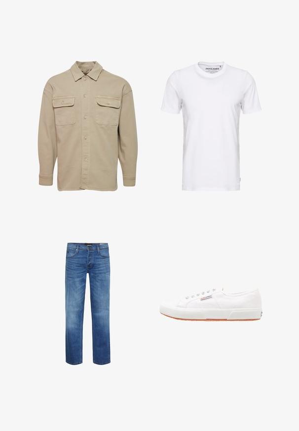 Chemise beige à manches longues en mélange de coton, avec un col pointu, deux poches poitrine et des poignets à boutons.; T-shirt blanc à manches courtes en coton, avec un col rond et un design simple. Étiquette de marque visible au niveau du cou. Aucun motif ni accent.; Jean en denim bleu clair avec une finition délavée, coupe droite, design à cinq poches et fermeture à glissière. Présente des coutures marron et un patch avec logo.; Baskets en toile blanches avec une semelle en caoutchouc, design à lacets et une petite étiquette logo sur le côté. Tige blanche texturée et semelle extérieure marron.