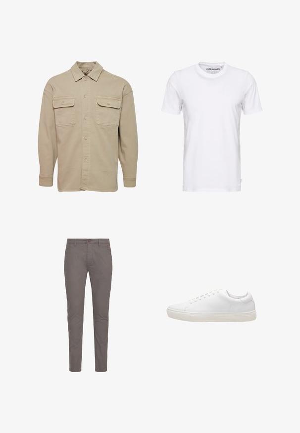 Beige skjorte med knapper lavet af bomuldsblanding, udstyret med spidse kraver, to brystlommer og lange ærmer med knapmanchetter.; Hvid t-shirt med korte ærmer lavet af bomuld, med en rund hals og et enkelt design. Brandtag synlig på halsområdet. Ingen mønstre eller accenter.; Grå bomulds chinos med lige pasform, der har knaplukning, standardlommer og minimalistisk design. Glat tekstur og ingen mønstre.; Hvide lædersneakers med en glat overflade, rund tå, snørebåndslukning og flad gummisål. Minimalistisk design uden synlige mønstre.