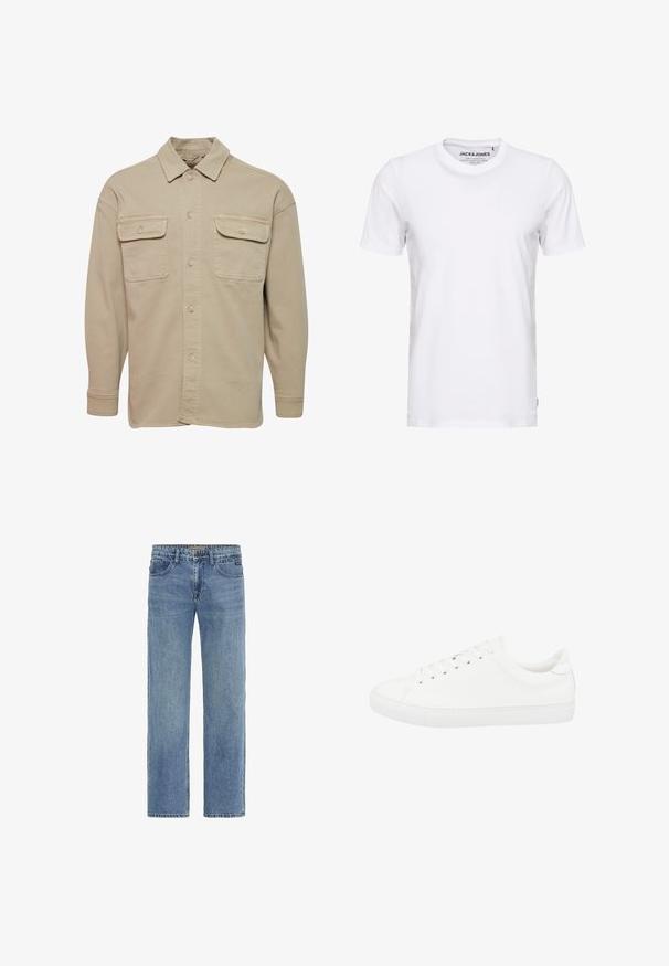 Beige skjorte med knapper lavet af bomuldsblanding, udstyret med spidse kraver, to brystlommer og lange ærmer med knapmanchetter.; Hvid t-shirt med korte ærmer lavet af bomuld, med en rund hals og et enkelt design. Brandtag synlig på halsområdet. Ingen mønstre eller accenter.; Lyseblå denimjeans med lige ben, der har klassisk fem-lommede design og synlige syninger. Ingen udsmykninger.; Hvid lavtop-sneaker med snørelukning, glat læderoverdel og gummisål, vist fra siden på en hvid baggrund.