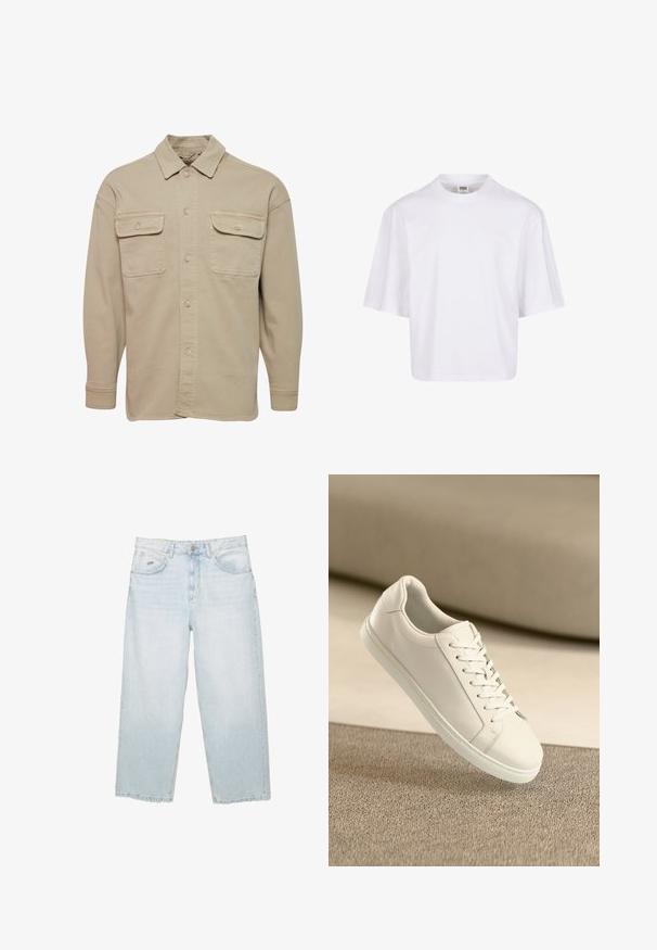 Beige skjorte med knapper lavet af bomuldsblanding, udstyret med spidse kraver, to brystlommer og lange ærmer med knapmanchetter.; Hvid t-shirt med korte ærmer, der har en rund halsudskæring og en afslappet pasform, lavet af et glat bomuldsblandingsstof. Ingen mønstre eller udsmykninger.; Lysblå højtaljede straight-leg jeans med frontknap, lommer og lille mærket metalmærke på den højre forlommer.; Hvide lædersneakers med hvide snørebånd, præsenteret på en beige tekstureret overflade og med en blødt uskarp baggrund.