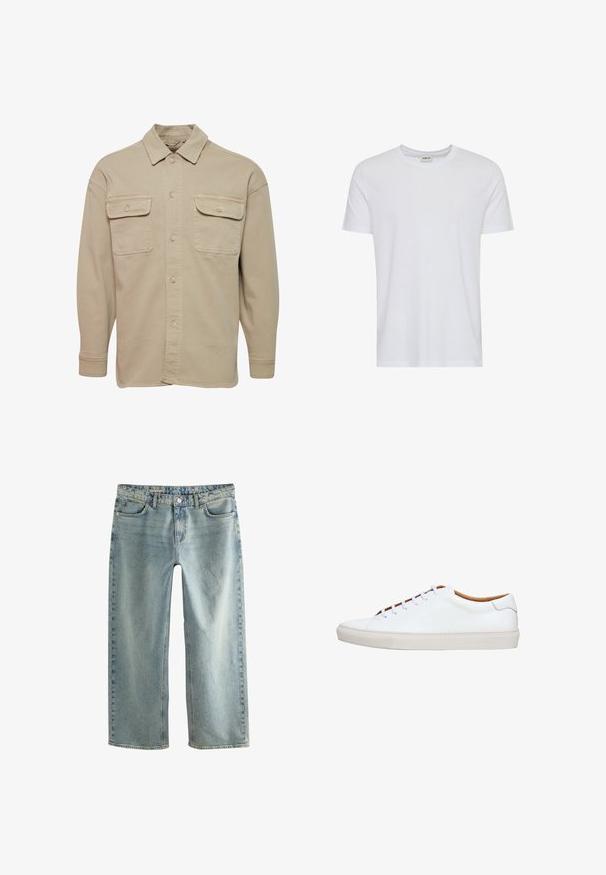 Chemise beige à manches longues en mélange de coton, avec un col pointu, deux poches poitrine et des poignets à boutons.; T-shirt blanc uni à manches courtes et col rond, présenté sur fond blanc, avec une petite étiquette au col indiquant la marque « Solid ».; Un jean baggy en denim bleu clair présente une coupe droite, un design à cinq poches et une fermeture à bouton visible.; Baskets en cuir blanc avec une semelle en caoutchouc texturée, bout rond et intérieur contrastant beige. Comprend cinq œillets et des lacets blancs.