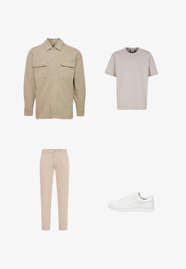 Chemise beige à manches longues en mélange de coton, avec un col pointu, deux poches poitrine et des poignets à boutons.; Urban Classics CUFF TEE - T-shirt basique - cloud; Chinos beige slim fit avec fermeture à bouton et zip à l'avant, passants pour ceinture et poches latérales, présentés sur un fond blanc.; Basket basse blanche avec fermeture à lacets, tige en cuir lisse, col rembourré et semelle épaisse en caoutchouc, présentée de profil sur fond blanc.