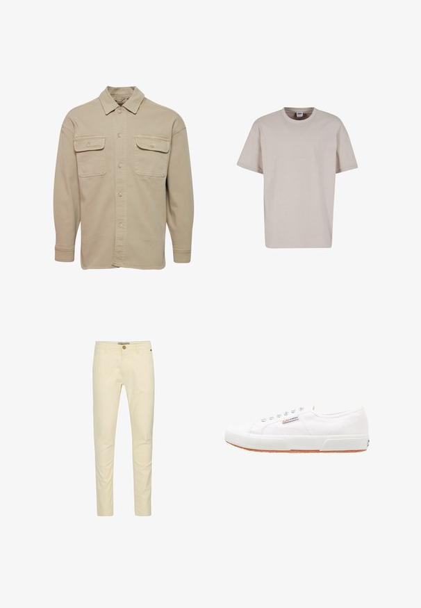 Camisa de botones beige hecha de una mezcla de algodón, con cuello recto, dos bolsillos en el pecho y mangas largas con puños abotonados.; Urban Classics CUFF TEE - Camiseta básica - cloud; Chinos de algodón beige con un corte slim, que cuentan con un cierre de botón y un detalle de costura sutil en los bolsillos. Textura suave con un acabado pulido.; Zapatillas de lona blancas con suela de goma, diseño de cordones y una pequeña etiqueta con el logo en el lateral. Parte superior texturizada blanca y suela marrón.