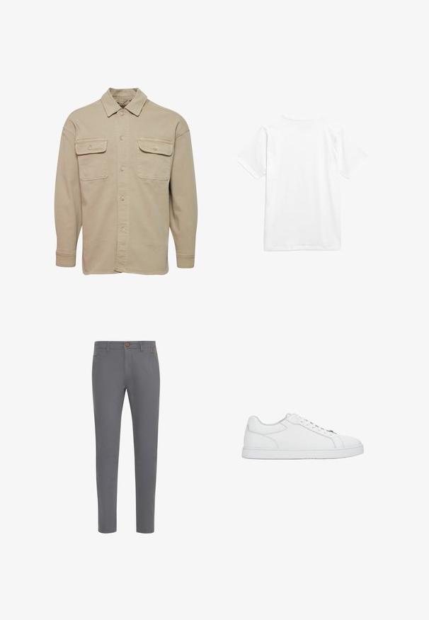 Beige Hemdblusenshirt aus Baumwollmischung mit spitzem Kragen, zwei Brusttaschen und langen Ärmeln mit geknöpften Manschetten.; Weißes Baumwoll-T-Shirt mit kurzen Ärmeln und Rundhalsausschnitt. Der Stoff wirkt glatt ohne Muster oder sichtbare Hardware.; Graue Baumwollhosen mit einer taillierten Passform, ausgestattet mit einem Knopfverschluss, normalen Taschen und einer glatten Textur.; Weißer, flacher Ledersneaker mit weißen Schnürsenkeln, genähten Details und flacher Gummisohle, seitlich auf einfarbigem Hintergrund gezeigt.