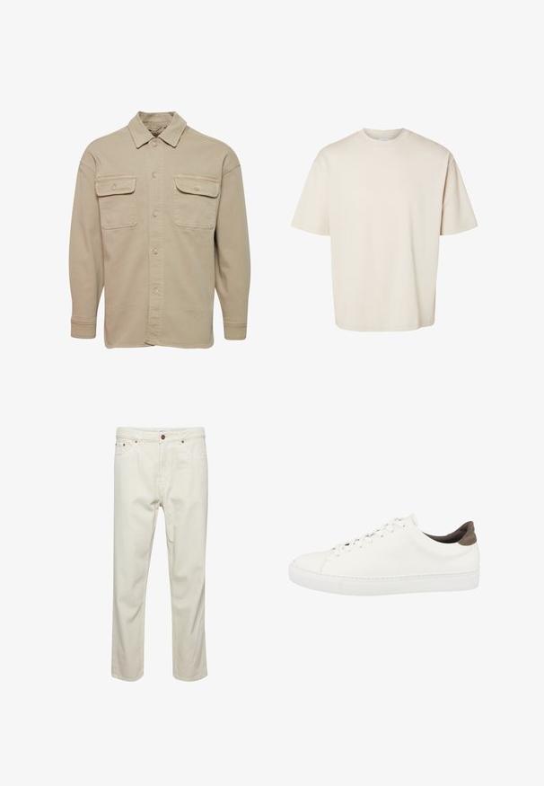 Beige skjorte med knapper lavet af bomuldsblanding, udstyret med spidse kraver, to brystlommer og lange ærmer med knapmanchetter.; Simpel beige kortærmet oversize bomuld t-shirt med rund halsudskæring, vist fladt på hvid baggrund.; Beige bomuldsbukser med lige snit, fem lommer, knaplukning og subtile syninger. Ensartet struktur uden synlige mønstre.; Hvide lædersneakers med rund tå, flad hvid sål og en brun ruskindsaccent på hælen. Har seks øjer og et enkelt snøredesign.