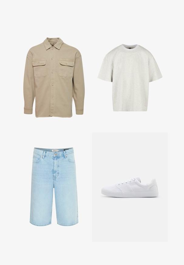 Chemise beige à manches longues en mélange de coton, avec un col pointu, deux poches poitrine et des poignets à boutons.; T-shirt en coton gris clair à manches courtes, col rond et coupe décontractée. Le tissu a une surface douce et légèrement texturée.; Shorts en denim bleu clair avec une coupe décontractée, design à cinq poches, fermeture à un bouton et coutures contrastées le long des coutures.; Baskets en toile blanches avec une semelle en caoutchouc, dotées de six œillets, d'un embout texturé et d'un design minimaliste.