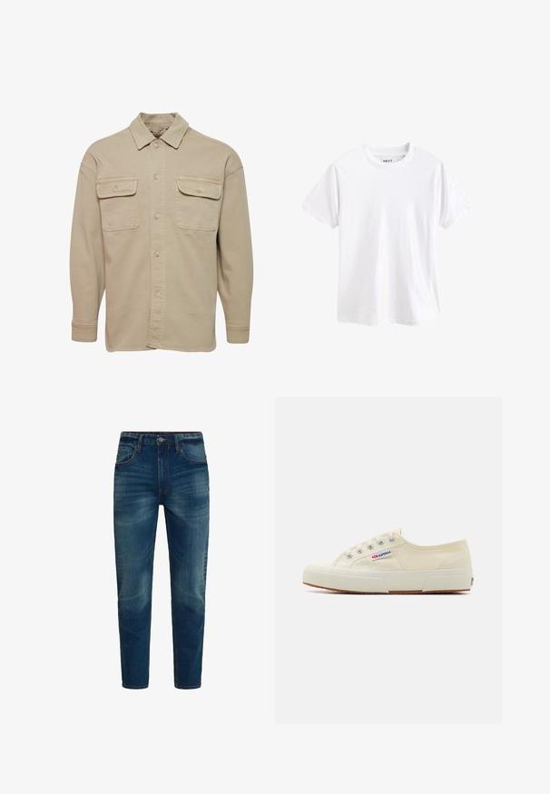 Camisa de botones beige hecha de una mezcla de algodón, con cuello recto, dos bolsillos en el pecho y mangas largas con puños abotonados.; Camiseta blanca lisa de manga corta con cuello redondo y etiqueta de marca visible dentro del cuello.; Vaqueros de mezclilla azul con corte recto, cierre frontal con botón y cremallera, y cinco bolsillos, mostrados sobre un fondo blanco liso.; Zapatillas de lona beige con un diseño de perfil bajo, ojales de metal y suela de goma. Presenta un patrón texturizado y detalle del logo en el lateral.