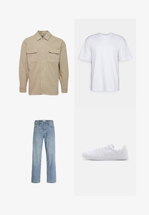 Beige skjorte med knapper lavet af bomuldsblanding, udstyret med spidse kraver, to brystlommer og lange ærmer med knapmanchetter.; Filippa K HEAVY CREW NECK TEE - T-shirts basic - white; Lyseblå denimjeans med lige ben, høj talje, fem-lommers design og subtilt slid, med metalknaplukning.; Hvide lærreds sneakers med gummisål, der har seks snørehuller, en struktureret tåkap og et minimalistisk design.