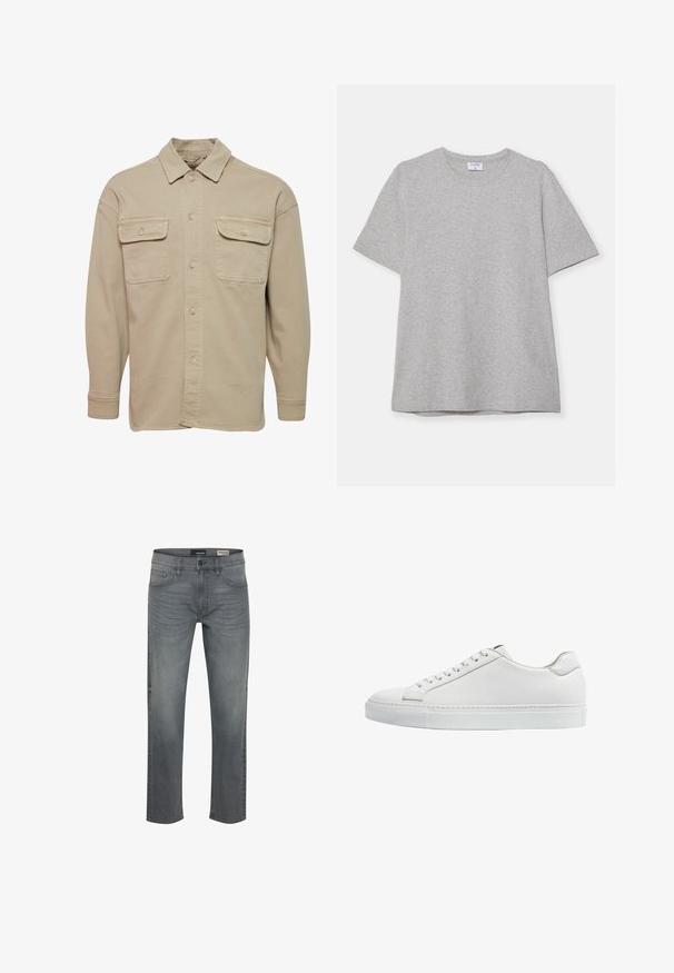 Chemise beige à manches longues en mélange de coton, avec un col pointu, deux poches poitrine et des poignets à boutons.; T-shirt gris à manches courtes fabriqué en tissu doux et texturé. Présente un col rond classique et un ourlet droit, idéal pour une tenue décontractée.; Jean en denim gris avec une coupe droite. Comprend cinq poches, une fermeture à bouton et des détails texturés subtils. Taille moyenne.; Des sneakers en cuir blanc, avec une finition lisse, un bout rond, une semelle en caoutchouc blanc plate et des lacets blancs. Design minimaliste avec des coutures discrètes.