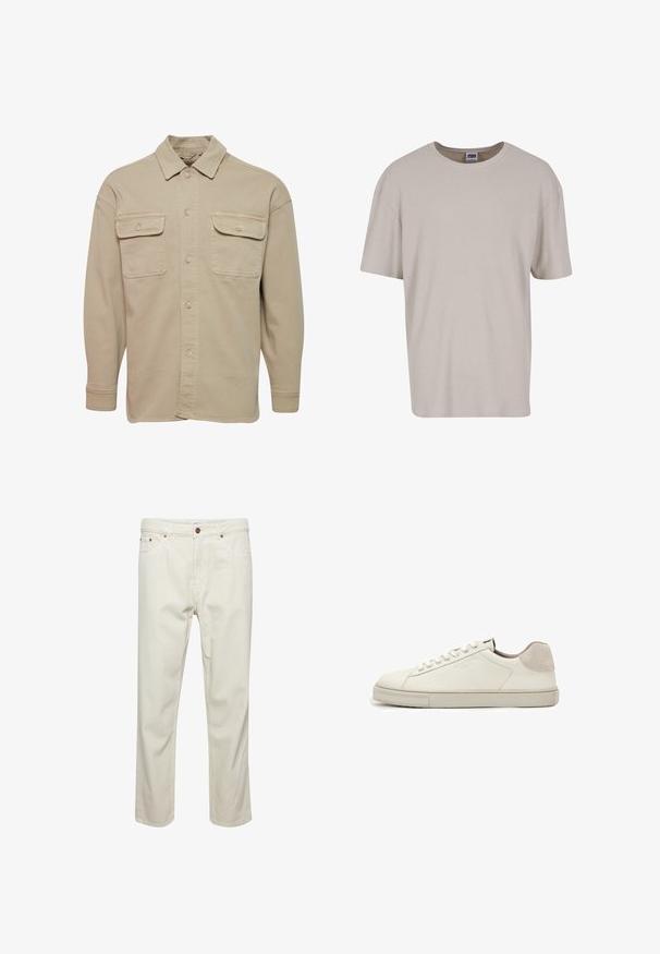 Chemise beige à manches longues en mélange de coton, avec un col pointu, deux poches poitrine et des poignets à boutons.; T-shirt beige clair à manches courtes en tissu texturé, avec un col rond et une coupe ample. Aucun motif ni matériel visible.; Pantalons en coton beige avec une coupe droite, cinq poches, fermeture à bouton et détails de couture subtils. Texture uniforme sans motifs visibles.; Baskets basses en cuir blanc avec lacets blancs, semelle légèrement texturée et patch en daim gris clair au talon, vue latérale.