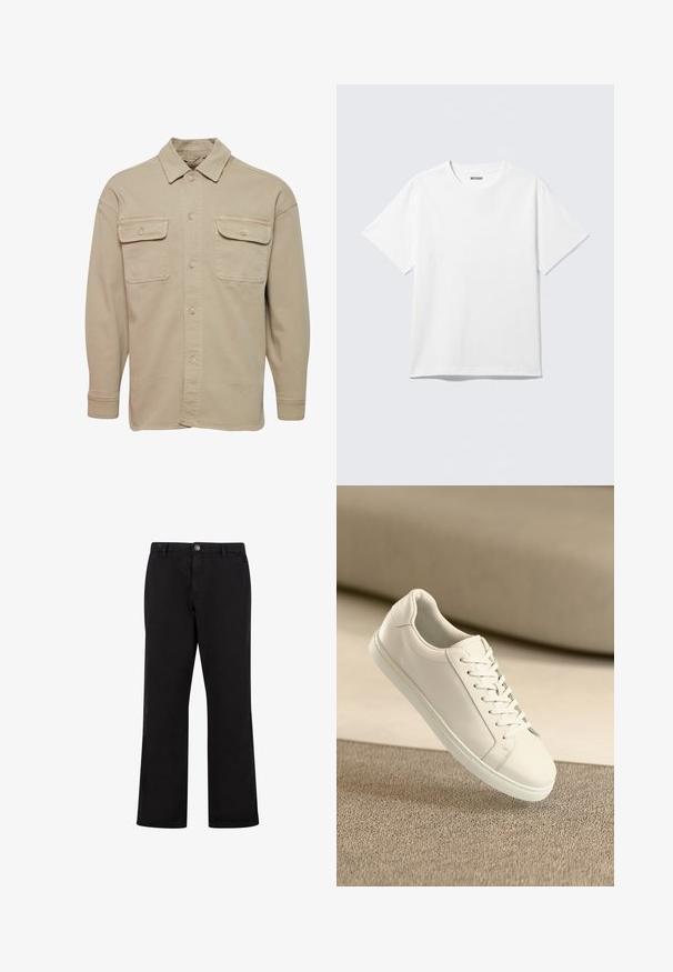 Beige overheadshirt van een katoenmix, met een puntige kraag, twee borstzakken en lange mouwen met knoopmanchetten.; Witte T-shirt met korte mouwen en ronde hals, plat gelegd, effen ontwerp, met een "WEEKDAY" label in de kraag op een lichte achtergrond.; Zwarte rechte broek met knoopsluiting aan de voorkant, riemlussen en zijzakken, getoond op een witte achtergrond.; Witte leren sneaker met witte veters, weergegeven op een beige textuurovervlak en een zacht vervaagd achtergrond.