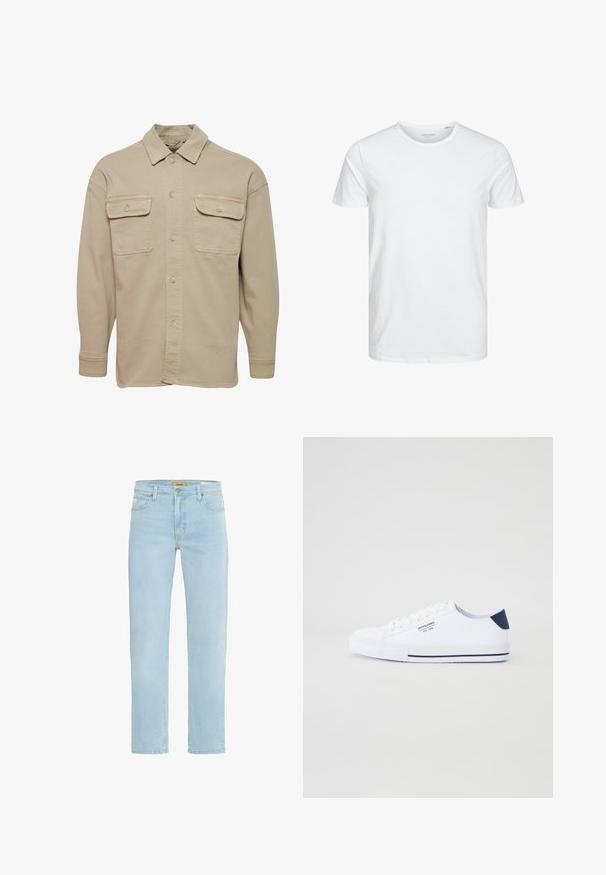 Beige Hemdblusenshirt aus Baumwollmischung mit spitzem Kragen, zwei Brusttaschen und langen Ärmeln mit geknöpften Manschetten.; Rundhals-T-Shirt mit kurzen Ärmeln in reinem Weiß, aus weicher Baumwolle, mit einem schlichten Design ohne sichtbare Muster oder Akzente.; Hellblaue Jeans aus Denim mit geradem Schnitt, fünf Taschen, dezentem verblassen und einem klassischen Bund mit einer vorderen Knopfverschluss.; Weiße Canvas-Sneaker mit navyblauem Fersenakzent, flacher Gummisohle, runder Zehenpartie und weißen Schnürsenkeln. Mit Logo an der Seite.