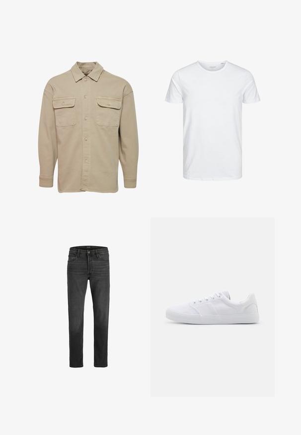 Chemise beige à manches longues en mélange de coton, avec un col pointu, deux poches poitrine et des poignets à boutons.; T-shirt à col rond à manches courtes de couleur blanche unie, fabriqué en coton doux, avec un design simple sans motifs ni accents visibles.; Jean en denim noir avec une coupe droite, design à cinq poches et fermeture éclair. Présente un léger délavage et des coutures contrastées.; Baskets en toile blanches avec une semelle en caoutchouc, dotées de six œillets, d'un embout texturé et d'un design minimaliste.