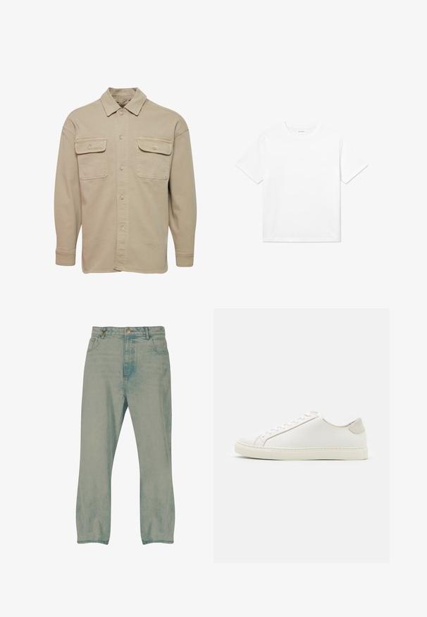 Beige overheadshirt van een katoenmix, met een puntige kraag, twee borstzakken en lange mouwen met knoopmanchetten.; Witte katoenen T-shirt met korte mouwen, een ronde halslijn en een rechte zoom. Glad textuur zonder zichtbare patronen of accenten.; Lichtblauwe rechte jeans met knopen aan de voorkant, riemlussen en voorzakken, weergegeven tegen een witte achtergrond.; Witte leren sneaker met een gladde oppervlakte, ronde neus en minimalistisch ontwerp. Heeft beige accenten op de hiel en een rubberen zool.
