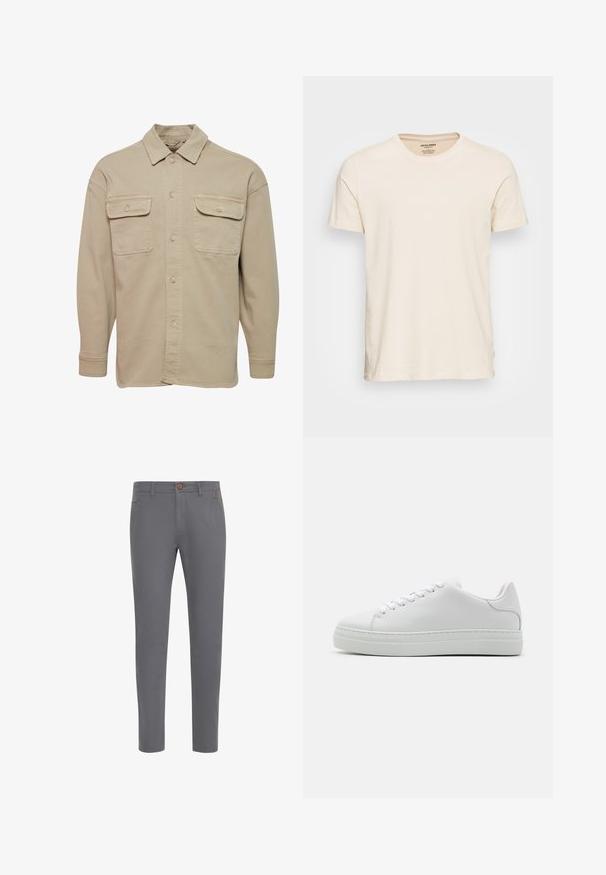 Beige overheadshirt van een katoenmix, met een puntige kraag, twee borstzakken en lange mouwen met knoopmanchetten.; Lichtbeige katoenen t-shirt met een klassieke ronde hals en korte mouwen. Beschikt over een subtiele textuur en een standaard pasvorm.; Grijze katoenen broek met een aansluitend ontwerp, voorzien van een knoopsluiting, standaardzakken en een gladde textuur.; Witte leren sneaker met een chunky platformzool, ronde neus en zes veterogen. Gladde textuur met subtiele stiksels.