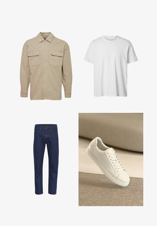Beige Hemdblusenshirt aus Baumwollmischung mit spitzem Kragen, zwei Brusttaschen und langen Ärmeln mit geknöpften Manschetten.; Schlichtes weißes T-Shirt mit kurzen Ärmeln und Rundhalsausschnitt, lässiger Passform und ohne sichtbare Logos oder Designs auf der Vorderseite.; Dunkelblaue Jeans aus Denim mit geradem Schnitt, fünf Taschen und gelben Nähten an den Säumen. Der Stoff hat eine glatte Textur.; Weißes Leder Sneaker mit weißen Schnürsenkeln, auf einer beigefarbenen strukturierten Oberfläche präsentiert, und einem sanft verschwommenen Hintergrund.