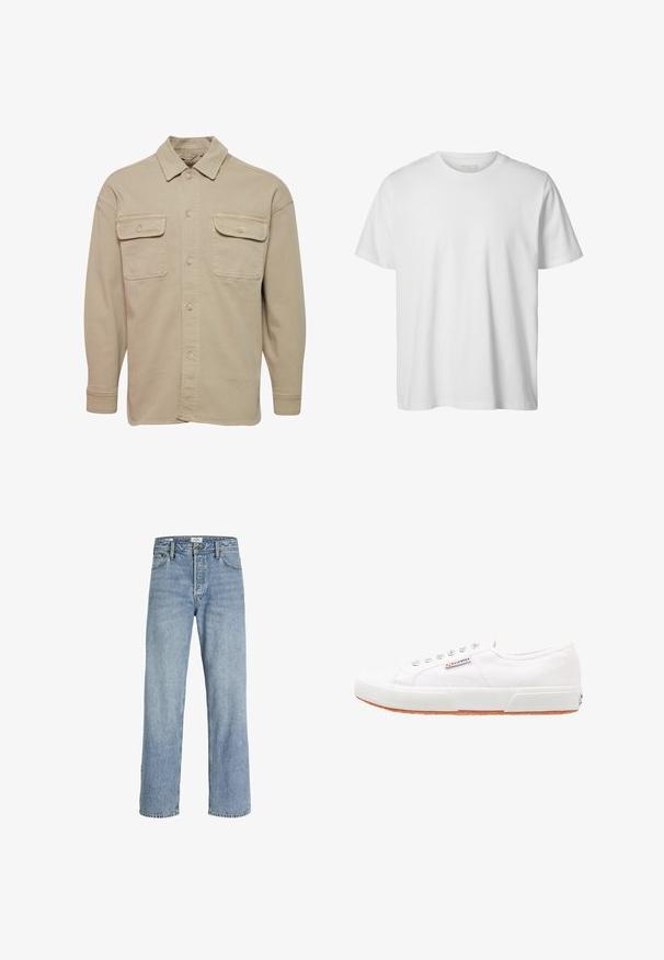 Beige skjorte med knapper lavet af bomuldsblanding, udstyret med spidse kraver, to brystlommer og lange ærmer med knapmanchetter.; Enkelt hvid T-shirt med korte ærmer og rund hals, løs pasform og uden synlige logoer eller designs foran.; Lyseblå denimjeans med lige ben, høj talje, fem-lommers design og subtilt slid, med metalknaplukning.; Hvide kanvas sneakers med gummisål, snørebåndsdesign og et lille logo mærke på siden. Tekstureret hvid overdel og brun ydersål.