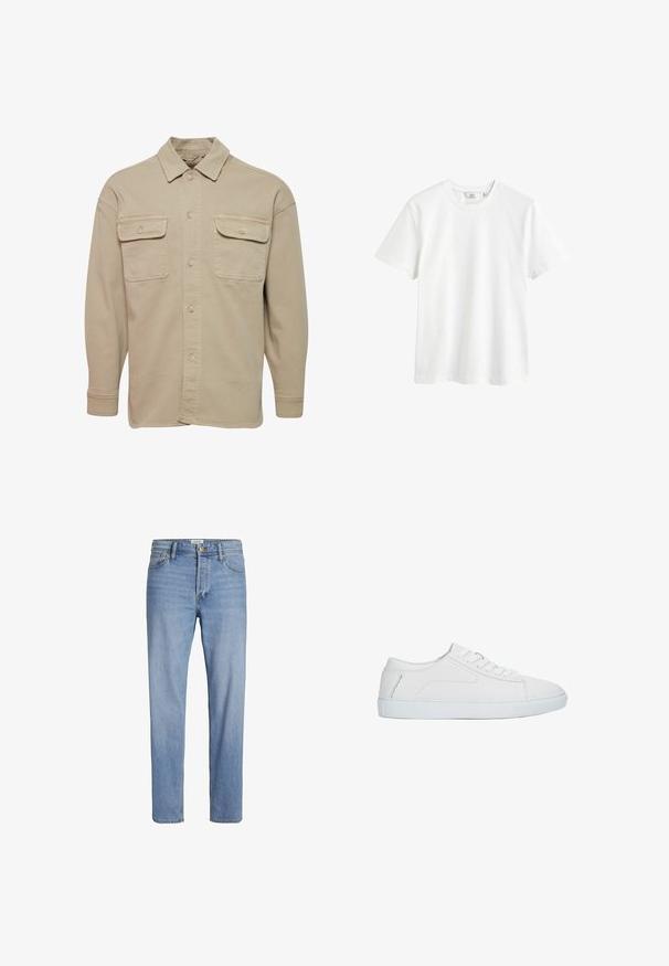 Beige overheadshirt van een katoenmix, met een puntige kraag, twee borstzakken en lange mouwen met knoopmanchetten.; Witte katoenen t-shirt met een ronde hals, korte mouwen en een ontspannen pasvorm. Gladde textuur en geen zichtbare patronen of accenten.; Lichtblauwe denim jeans met een rechte snit, standaard vijf-pocketontwerp en zichtbare stiksels. Geen onderscheidende patronen of accenten.; Witte lage sneaker met vetersluiting, glad leren bovenwerk en platte rubberen zool, zijaanzicht op een witte achtergrond.