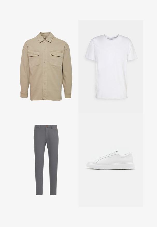 Beige overheadshirt van een katoenmix, met een puntige kraag, twee borstzakken en lange mouwen met knoopmanchetten.; Witte t-shirt met korte mouwen, gemaakt van katoen. Heeft een ronde halslijn en een comfortabele pasvorm zonder zichtbare patronen of accessoires.; Grijze katoenen broek met een aansluitend ontwerp, voorzien van een knoopsluiting, standaardzakken en een gladde textuur.; Witte sneakers van glad synthetisch materiaal. Voorzien van een low-top ontwerp, verhoogde witte zool, ronde neus en vetersluiting met vijf oogjes.