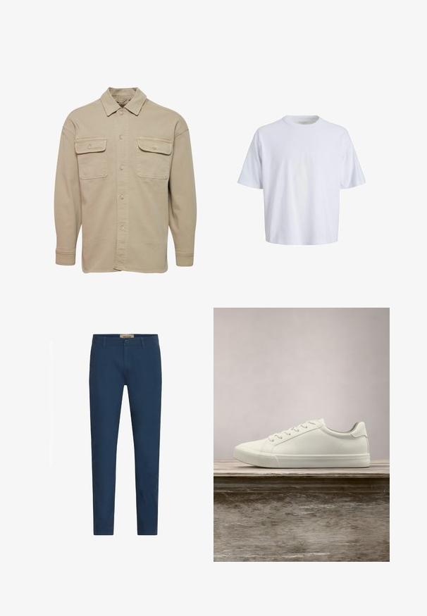 Camisa de botones beige hecha de una mezcla de algodón, con cuello recto, dos bolsillos en el pecho y mangas largas con puños abotonados.; Camiseta de algodón blanca con cuello redondo, mangas cortas y un corte relajado. Textura suave y diseño minimalista sin patrones ni acentos visibles.; Pantalones de hombre con corte ajustado en azul marino, con pasadores para cinturón, cierre frontal de botón y bolsillos laterales, presentados sobre un fondo blanco.; Zapatilla blanca con cordones flotando sobre un banco de madera con follaje verde al fondo, mostrando el diseño y la textura del zapato.
