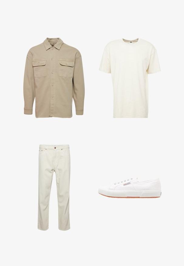 Camisa de botones beige hecha de una mezcla de algodón, con cuello recto, dos bolsillos en el pecho y mangas largas con puños abotonados.; Camiseta de manga corta y cuello redondo en color crema claro. Fabricada con material de algodón suave, con un corte relajado y costuras mínimas.; Pantalones de algodón beige con corte recto, cinco bolsillos, cierre de botón y detalles de costura sutiles. Textura uniforme sin patrones visibles.; Zapatillas de lona blancas con suela de goma, diseño de cordones y una pequeña etiqueta con el logo en el lateral. Parte superior texturizada blanca y suela marrón.