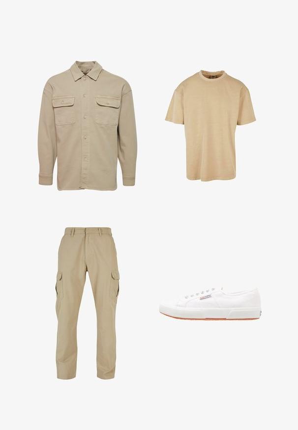 Beige skjorte med knapper lavet af bomuldsblanding, udstyret med spidse kraver, to brystlommer og lange ærmer med knapmanchetter.; Urban Classics OVERSIZED GARMENT DYE TEE - T-shirts basic - unionbeige; Beige cargo bukser lavet af bomulds twill, med flere sidelommer, lige ben design og lynlås med bæltestropper.; Hvide kanvas sneakers med gummisål, snørebåndsdesign og et lille logo mærke på siden. Tekstureret hvid overdel og brun ydersål.