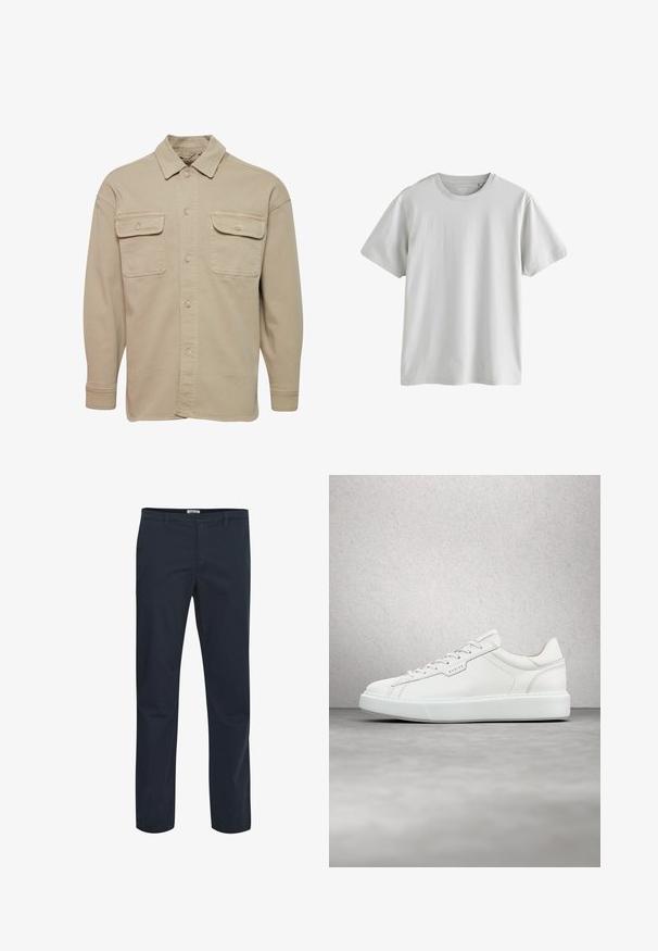 Beige skjorte med knapper lavet af bomuldsblanding, udstyret med spidse kraver, to brystlommer og lange ærmer med knapmanchetter.; Ensfarvet lysegrå T-shirt med korte ærmer og rund hals, størrelse medium, fladt lagt ud på hvid baggrund.; Mørkeblå bukser lavet af en blanding af bomuldsstof. Har et klassisk design med forlommer og lynlås. Glat tekstur.; Hvide lædersneakers med rund tå, flad snørebåndslukning og grå gummisål. Har diskrete syninger og et logoplacering.