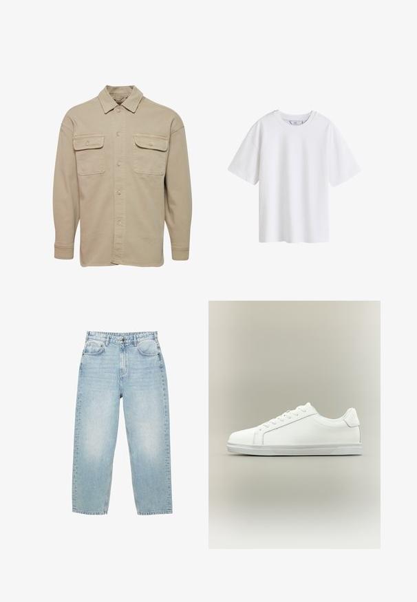 Beige skjorte med knapper lavet af bomuldsblanding, udstyret med spidse kraver, to brystlommer og lange ærmer med knapmanchetter.; Simpel hvid kortærmet bomuld t-shirt med rund hals, vist forfra på hvid baggrund.; Lyseblå høj talje denim jeans med lige ben, for- og baglommer samt lukning med knap og synlig syning.; Lavtop hvid sneaker med snørelukning foran og tekstureret gummisål mod en ensartet neutral baggrund.