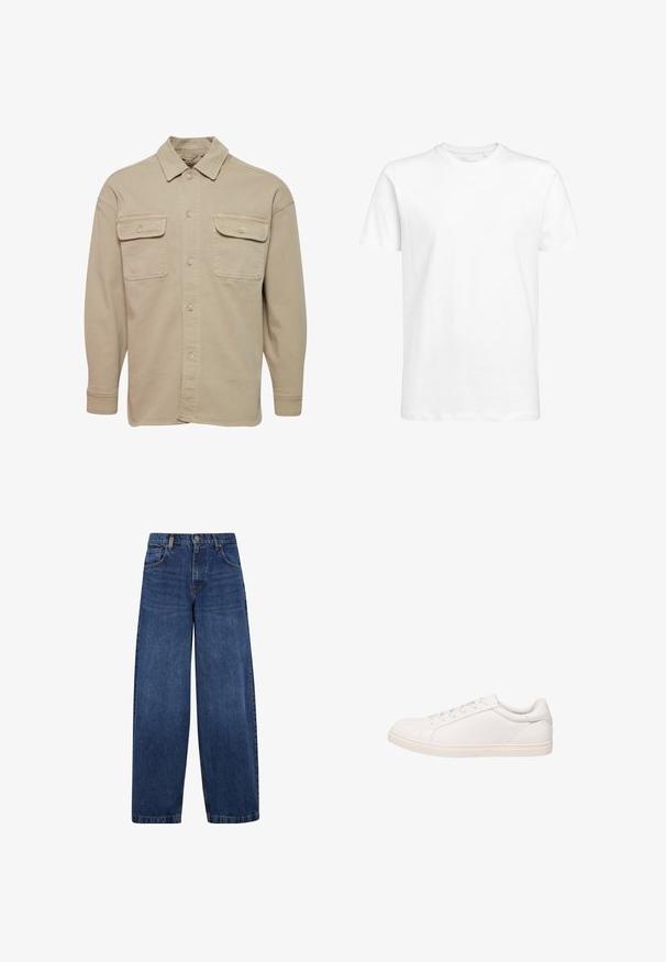 Camisa de botones beige hecha de una mezcla de algodón, con cuello recto, dos bolsillos en el pecho y mangas largas con puños abotonados.; Camiseta blanca de manga corta hecha de algodón, con un cuello redondo y un ajuste estándar. Diseño liso, sin patrones ni acentos visibles.; Vaqueros de mezclilla azul de pierna ancha con un diseño clásico de cinco bolsillos, cierre de botón y una textura ligeramente deslavada. Detalles de costura resistentes.; Zapatilla blanca de corte bajo con cierre de cordones y suela plana, mostrada en perfil lateral sobre un fondo blanco.