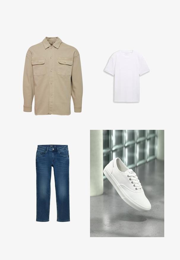 Beige skjorte med knapper lavet af bomuldsblanding, udstyret med spidse kraver, to brystlommer og lange ærmer med knapmanchetter.; Almindelig hvid T-shirt med korte ærmer og rund hals lagt fladt ud mod en hvid baggrund.; Herre lige ben jeans i mørkeblå denim med et klassisk fem-lommer design, diskrete slidmærker og knaplukning.; Hvid lavtop lærredssneaker med snørebånd, mærket Tommy Hilfiger, vist svævende over en glat grå gulv nær en væg af glasblokke.