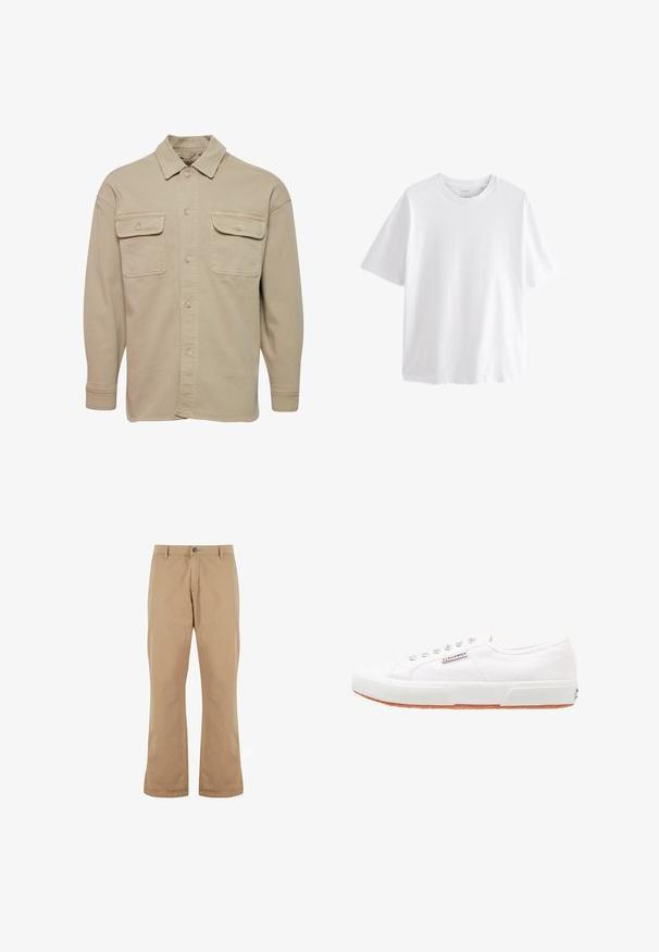 Camisa de botones beige hecha de una mezcla de algodón, con cuello recto, dos bolsillos en el pecho y mangas largas con puños abotonados.; Camiseta blanca lisa de manga corta y cuello redondo con un ajuste relajado sobre un fondo blanco.; Pantalones de algodón beige con un corte recto, que cuentan con un cierre de botón, bolsillos frontales y una textura suave.; Zapatillas de lona blancas con suela de goma, diseño de cordones y una pequeña etiqueta con el logo en el lateral. Parte superior texturizada blanca y suela marrón.