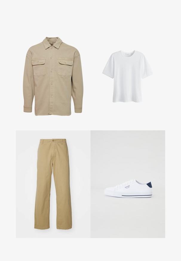 Beige skjorte med knapper lavet af bomuldsblanding, udstyret med spidse kraver, to brystlommer og lange ærmer med knapmanchetter.; Enkelt hvid kortærmet T-shirt med rund hals, vist mod en hvid baggrund, frontvisning.; Khaki bomuldsbukser med lige ben, der har en frontknaplukning og sidelommer. Glat, robust tekstur.; Hvide kanvas sneakers med en marineblå hælaccents, flad gummisål, rund tå og hvide snørebånd. Har logo på siden.
