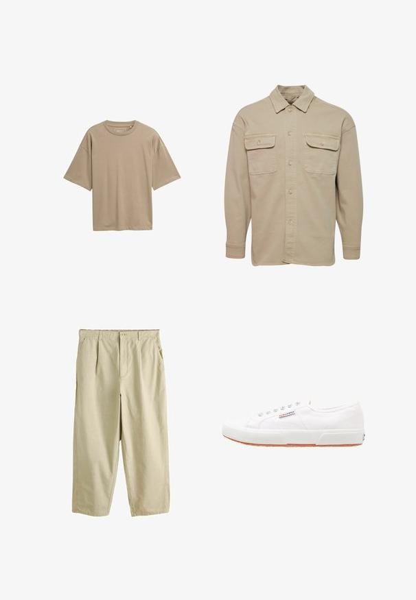 Beige napapaita puuvillasekoitteesta, jossa on terävä kaulus, kaksi rinnataskua ja pitkät hihat nappikiinnityksillä.; Vaahto beige lyhythihainen t-paita rentoa istuvuutta, pyöreä pääntie ja sileä tekstuuri. Ei näkyviä kuvioita tai käyttöyksityiskohtia.; Beigen väriset suoralahkeiset housut, joissa nappikiinnitys, edessä laskokset ja sivutaskut, esitetty valkoisella taustalla.; Valkoiset kangaskengät, joissa on kumipohja, nauhakiinnitys ja pieni logoetiketti sivussa. Teksturoidusta valkoisesta päällisestä ja ruskeasta pohjasta.