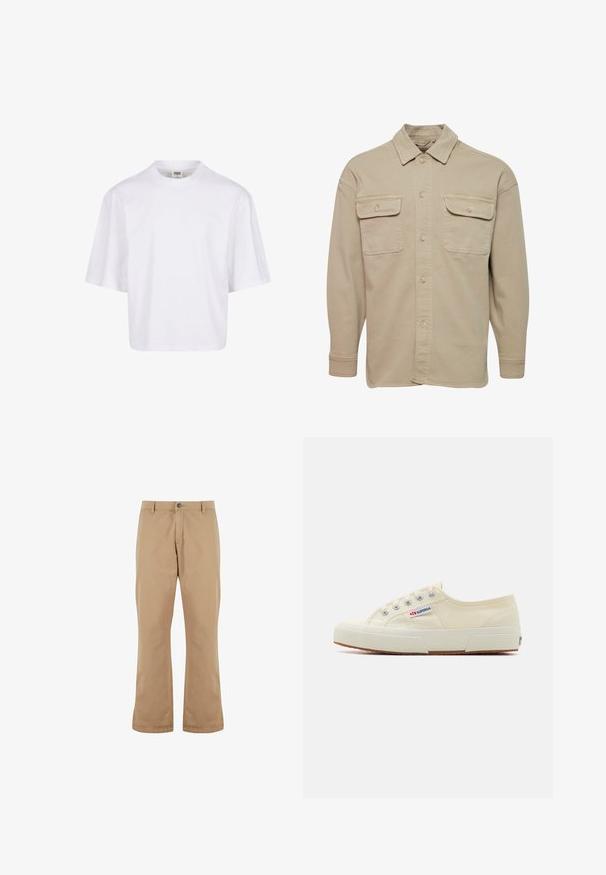 Beige skjorte med knapper lavet af bomuldsblanding, udstyret med spidse kraver, to brystlommer og lange ærmer med knapmanchetter.; Hvid t-shirt med korte ærmer, der har en rund halsudskæring og en afslappet pasform, lavet af et glat bomuldsblandingsstof. Ingen mønstre eller udsmykninger.; Beige bomuldsbukser med lige pasform, der har knaplukning, forlommer og en glat tekstur.; Beige lærredssneaker med et lavprofildesign, metaløjet og gummisål. Har et tekstureret mønster og logodetalje på siden.