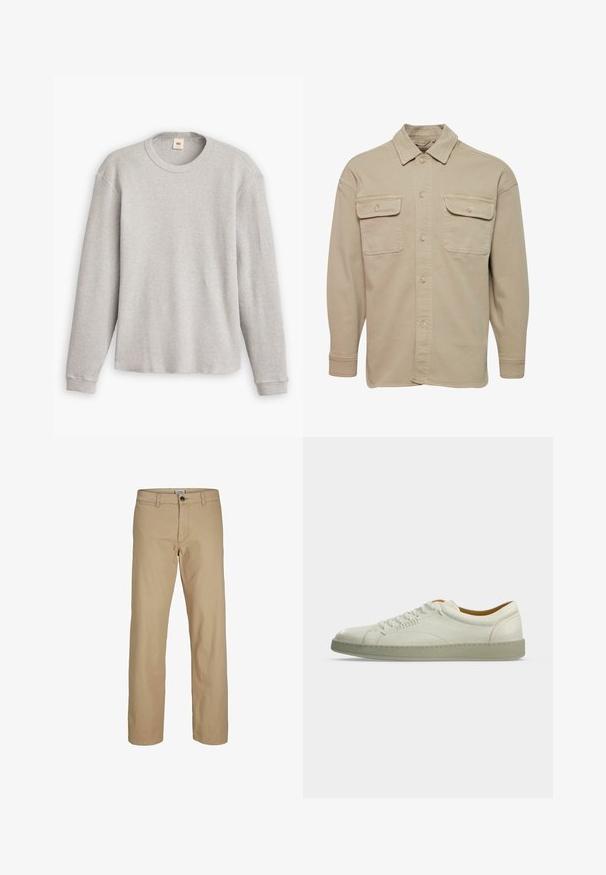 Camisa de botones beige hecha de una mezcla de algodón, con cuello recto, dos bolsillos en el pecho y mangas largas con puños abotonados.; Suéter de punto gris de manga larga con textura acanalada, cuello redondo y dobladillo recto. Los puños son ajustados y están hechos de una tela suave.; Pantalones beige de corte recto con cierre de botones, trabillas para cinturón y bolsillos delanteros, mostrados sobre un fondo blanco.; Zapatilla blanca de piel de caña baja con suela beige, cordones laterales y detalles de costuras mínimas, mostrada sobre un fondo liso gris claro.