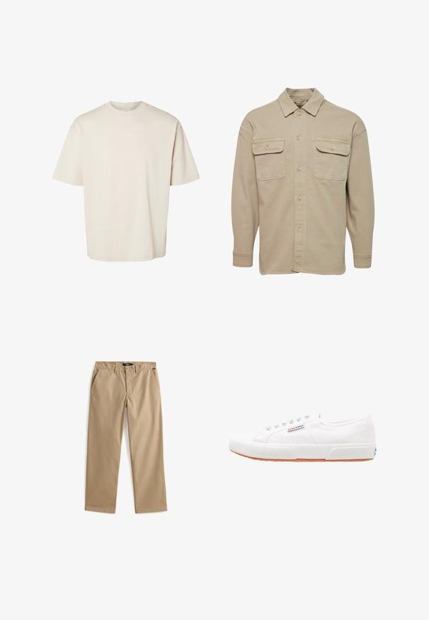 Camisa de botones beige hecha de una mezcla de algodón, con cuello recto, dos bolsillos en el pecho y mangas largas con puños abotonados.; Camiseta de algodón beige lisa, de manga corta, oversize y con cuello redondo, mostrada extendida sobre un fondo blanco.; Pantalones beige de pierna recta con cierre de botón y cremallera, trabillas para cinturón y bolsillos laterales, colocados planos sobre un fondo blanco.; Zapatillas de lona blancas con suela de goma, diseño de cordones y una pequeña etiqueta con el logo en el lateral. Parte superior texturizada blanca y suela marrón.