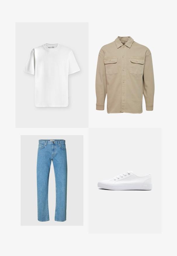 Beige Hemdblusenshirt aus Baumwollmischung mit spitzem Kragen, zwei Brusttaschen und langen Ärmeln mit geknöpften Manschetten.; Schlichtes weißes T-Shirt mit kurzen Ärmeln und Rundhalsausschnitt, flach auf einem hellgrauen Hintergrund liegend mit einem kleinen Markenlabel im Halsausschnitt.; Hellblaue Jeans aus Denim verfügen über ein gerades Bein-Design, einen Five-Pocket-Stil und einen Reißverschluss mit Metallknopfverschluss.; Weißer Sneaker aus Leinwand mit niedrigem Schaft, weißen Schnürsenkeln, Gummisohle und Metallösen, von der Außenseite auf einem schlichten Hintergrund gezeigt.