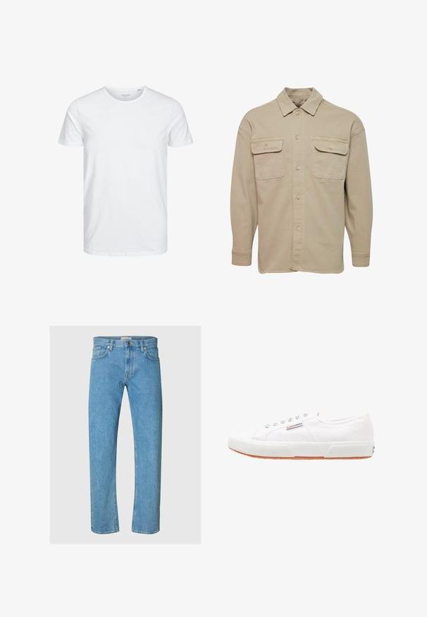 Chemise beige à manches longues en mélange de coton, avec un col pointu, deux poches poitrine et des poignets à boutons.; T-shirt à col rond à manches courtes de couleur blanche unie, fabriqué en coton doux, avec un design simple sans motifs ni accents visibles.; Un jean en denim bleu clair présente un design à jambes droites, un style à cinq poches et une fermeture éclair avec un bouton en métal.; Baskets en toile blanches avec une semelle en caoutchouc, design à lacets et une petite étiquette logo sur le côté. Tige blanche texturée et semelle extérieure marron.