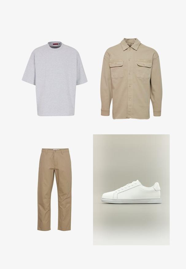 Beige Hemdblusenshirt aus Baumwollmischung mit spitzem Kragen, zwei Brusttaschen und langen Ärmeln mit geknöpften Manschetten.; Hellgraues, übergroßes T-Shirt mit kurzen Ärmeln, Rundhalsausschnitt, aus weichem Material, mit geradem Saum ohne Muster oder Verzierungen.; Beige Baumwollhose mit geradem Bein, ausgestattet mit einem vorderen Knopf- und Reißverschluss, Seitentaschen und einem sauberen Finish.; Weißer Sneaker mit niedrigem Schaft, Schnürung vorne und strukturierter Gummisohle vor einfachem neutralem Hintergrund.