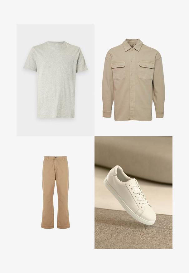 Chemise beige à manches longues en mélange de coton, avec un col pointu, deux poches poitrine et des poignets à boutons.; T-shirt gris clair à manches courtes avec col rond et petite poche sur la poitrine gauche, présenté sur un fond blanc uni.; Pantalons en coton beige à coupe droite, dotés d'une fermeture à bouton, de poches avant et d'une texture lisse.; Baskets en cuir blanc avec des lacets blancs, exposées sur une surface beige texturée et avec un arrière-plan flou doux.