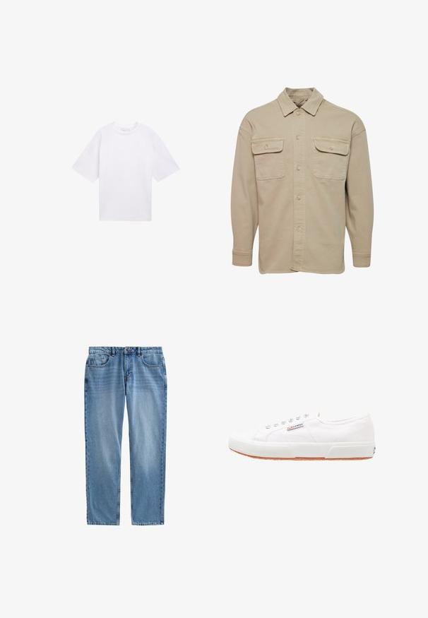 Beige overheadshirt van een katoenmix, met een puntige kraag, twee borstzakken en lange mouwen met knoopmanchetten.; Witte T-shirt met korte mouwen van katoen. Ontspannen pasvorm met een ronde hals. Glad materiaal zonder zichtbare patronen of accenten.; Lichtblauwe denim jeans met een rechte pasvorm, vijf zakken, zichtbare naden en een ritsluiting. Geen slijtage of patronen aanwezig.; Witte canvas sneakers met een rubberen zool, vetersluiting en een klein logolabel aan de zijkant. Gewreven wit bovenwerk en een bruine zool.