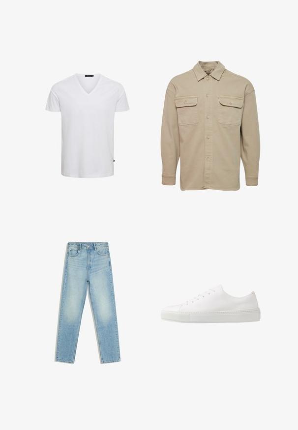 Beige skjorte med knapper lavet af bomuldsblanding, udstyret med spidse kraver, to brystlommer og lange ærmer med knapmanchetter.; Hvid kortærmet V-hals t-shirt lavet af bomuld, med regulær pasform og et lille logo mærke på den nederste venstre side.; Lyseblå jeans med høj talje, lige ben, for- og baglommer og knaplukning på hvid baggrund.; Hvide lædersneakers med en glat finish, rund tå og seks øjer til snørebånd. Har en tekstureret gummisål og et minimalisk design.