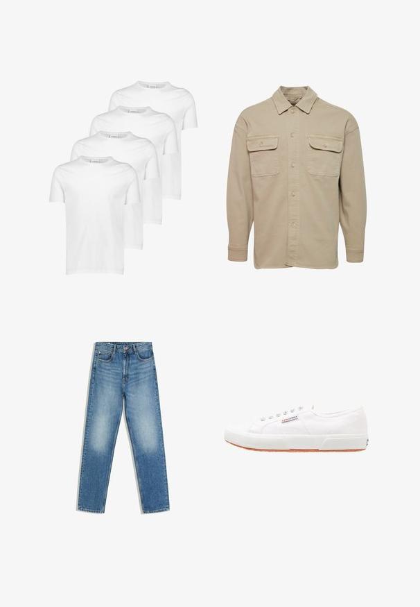 Beige skjorte med knapper lavet af bomuldsblanding, udstyret med spidse kraver, to brystlommer og lange ærmer med knapmanchetter.; Hvide bomulds T-shirts, kortærmede, rund halsudskæring, glat tekstur, stableret i fire stykker med ensartet design uden mønstre eller accenter.; Blå denimjeans med høj talje, forreste knap og lynlås, to forlommer og falmede områder på lår og knæ.; Hvide kanvas sneakers med gummisål, snørebåndsdesign og et lille logo mærke på siden. Tekstureret hvid overdel og brun ydersål.