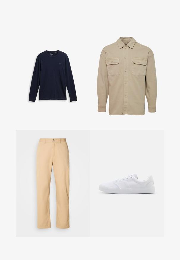 Camisa de botones beige hecha de una mezcla de algodón, con cuello recto, dos bolsillos en el pecho y mangas largas con puños abotonados.; Camiseta de manga larga azul marino hecha de algodón suave, con un cuello redondo, dobladillos cosidos y un pequeño logo bordado en el pecho.; Pantalones de algodón khaki con un diseño de pierna recta, que cuentan con un cierre de botón en la parte frontal y lazos para el cinturón. Textura suave y superficie lisa.; Zapatillas de lona blancas con suela de goma, que cuentan con seis ojales, una puntera texturizada y un diseño minimalista.