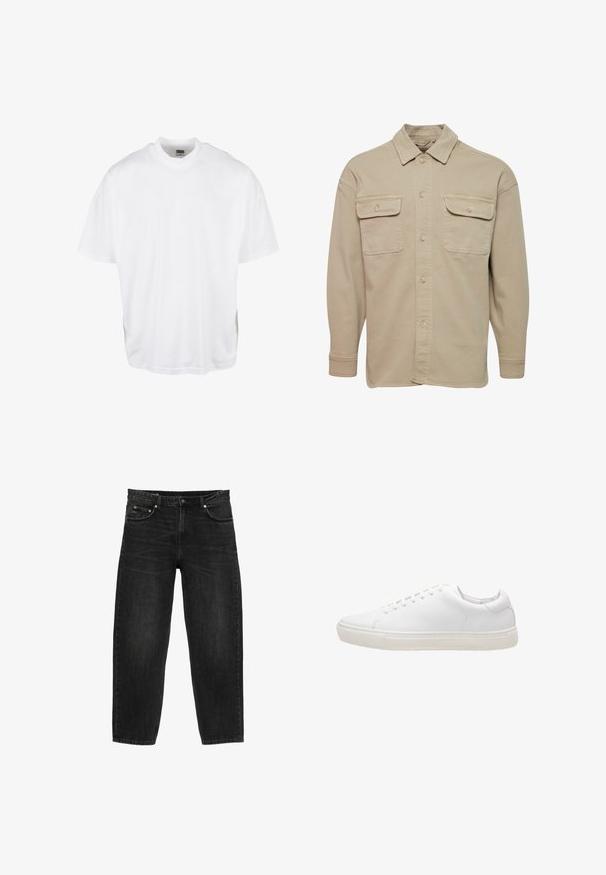 Beige overheadshirt van een katoenmix, met een puntige kraag, twee borstzakken en lange mouwen met knoopmanchetten.; Witte katoenen t-shirt met een relaxte pasvorm, korte mouwen en een ronde halslijn, met een rechte zoom en geen zichtbare grafische afbeeldingen of patronen.; Zwarte denim jeans met een rechte snit, vijfzakkenontwerp, knoopsluiting en riemlussen, plat weergegeven op een witte achtergrond.; Witte leren sneaker met een gladde textuur, ronde neus, vetersluiting en een platte rubberen zool. Minimalistisch ontwerp zonder zichtbare patronen.